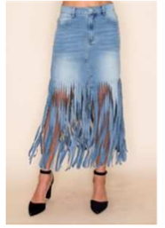 Fringe Midi Skirt Medium Wash Denim