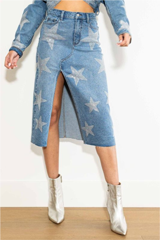 Star Rhinestone Denim Midi Skirt