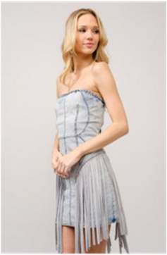 Strapless Light Wash Denim Fringe Dress