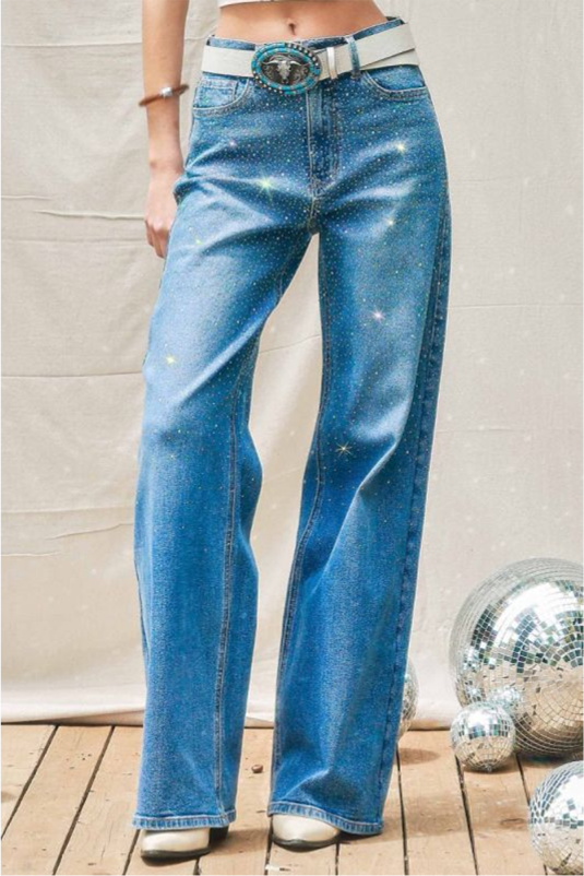 Rhinestone Wide Leg Denim Jeans