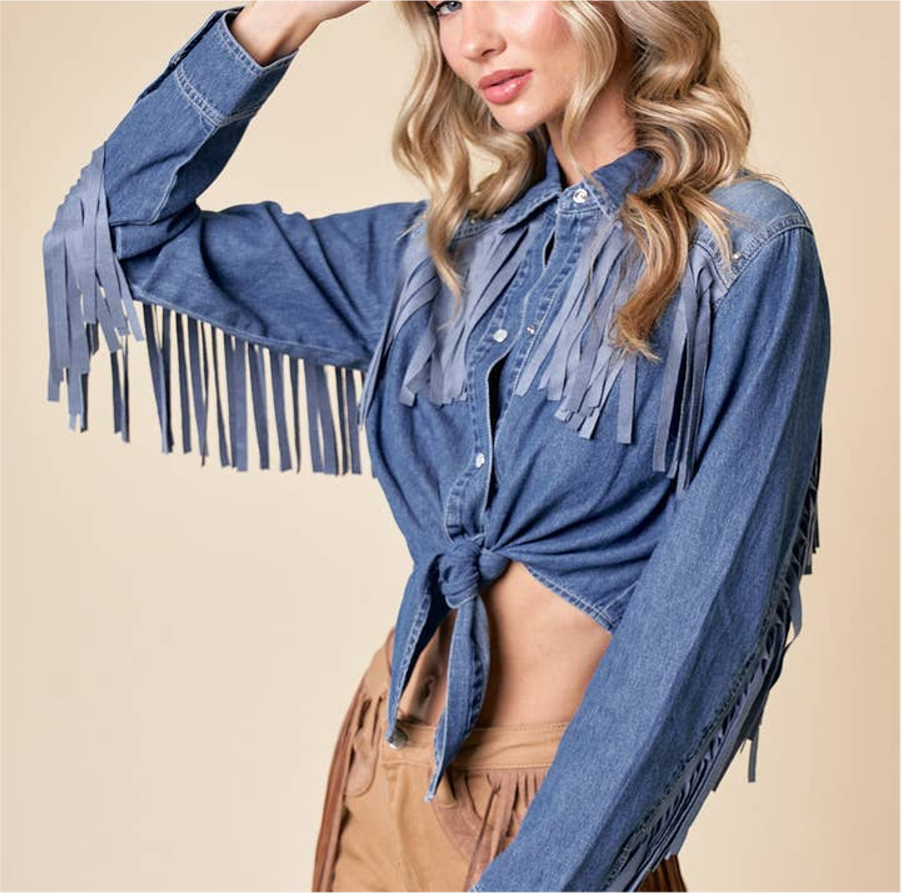 Silver Studded Fringe Tie Front Long Sleeve Shirt