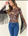 Fringed Leopard Print Mesh Top