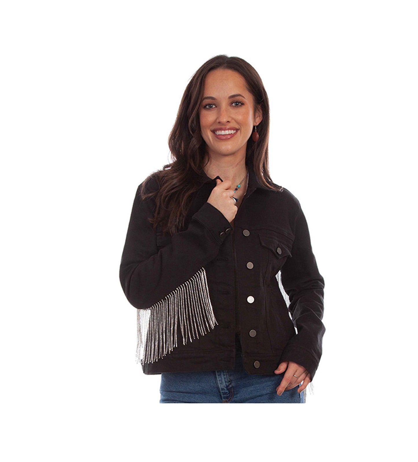 Black Denim Rhinestone Fringe Jacket