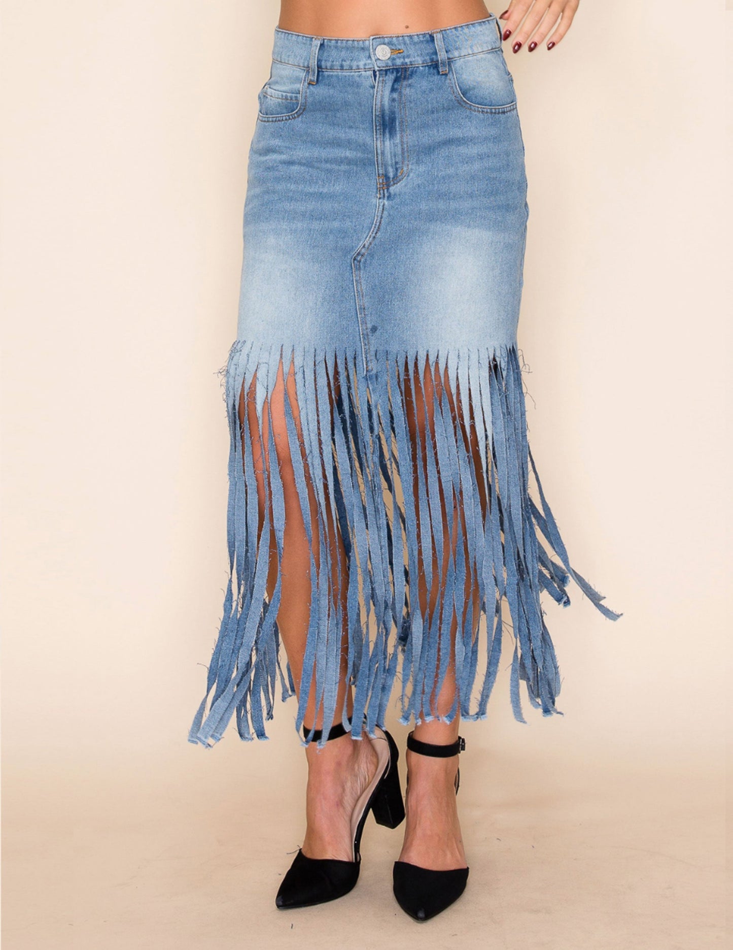 Fringe Midi Skirt Medium Wash Denim
