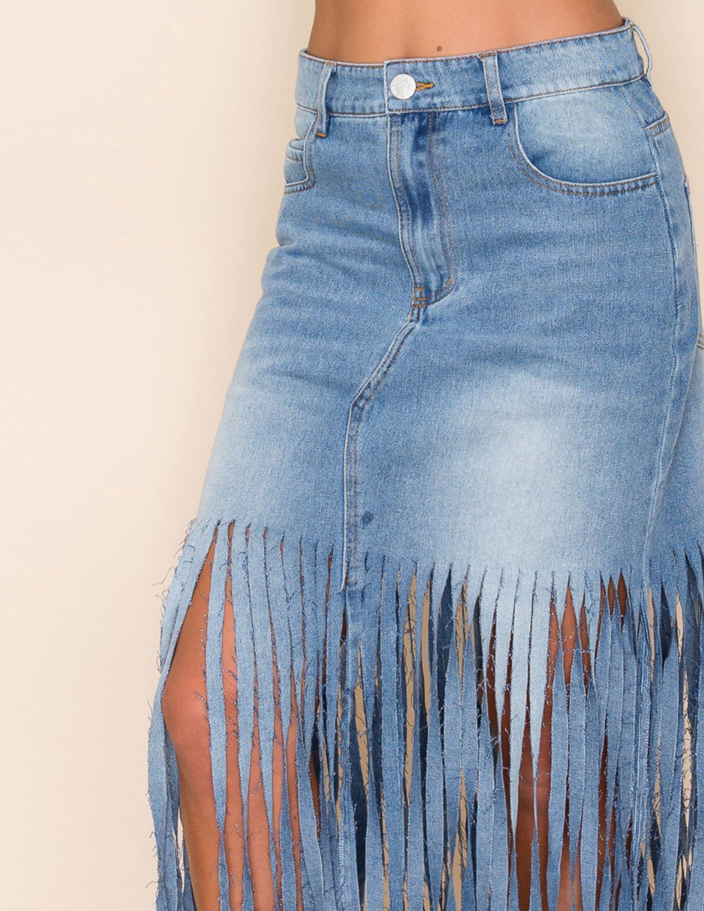 Fringe Midi Skirt Medium Wash Denim