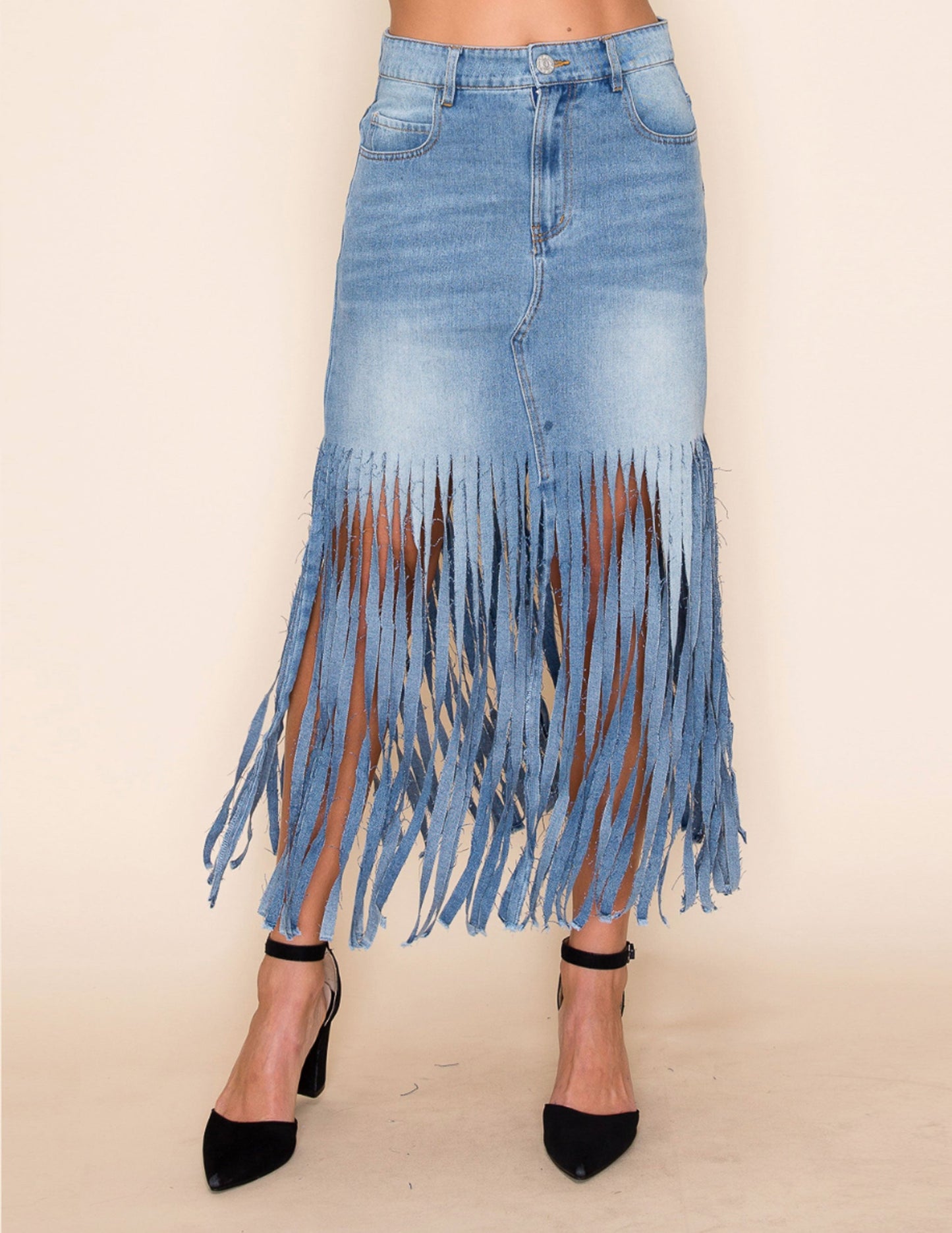 Fringe Midi Skirt Medium Wash Denim