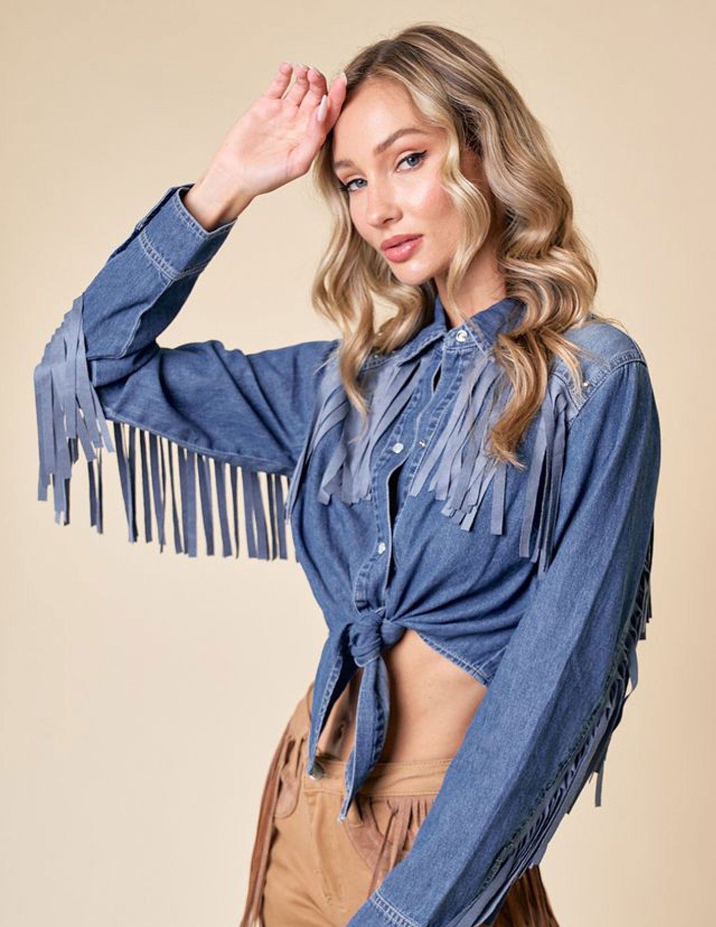 Silver Studded Fringe Tie Front Long Sleeve Shirt