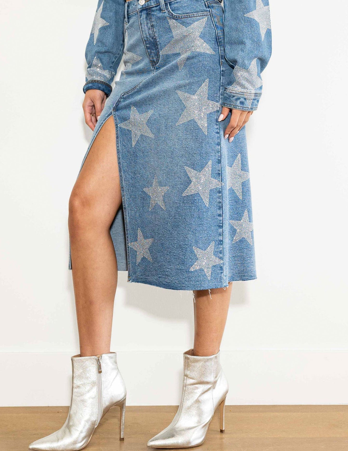 Star Rhinestone Denim Midi Skirt