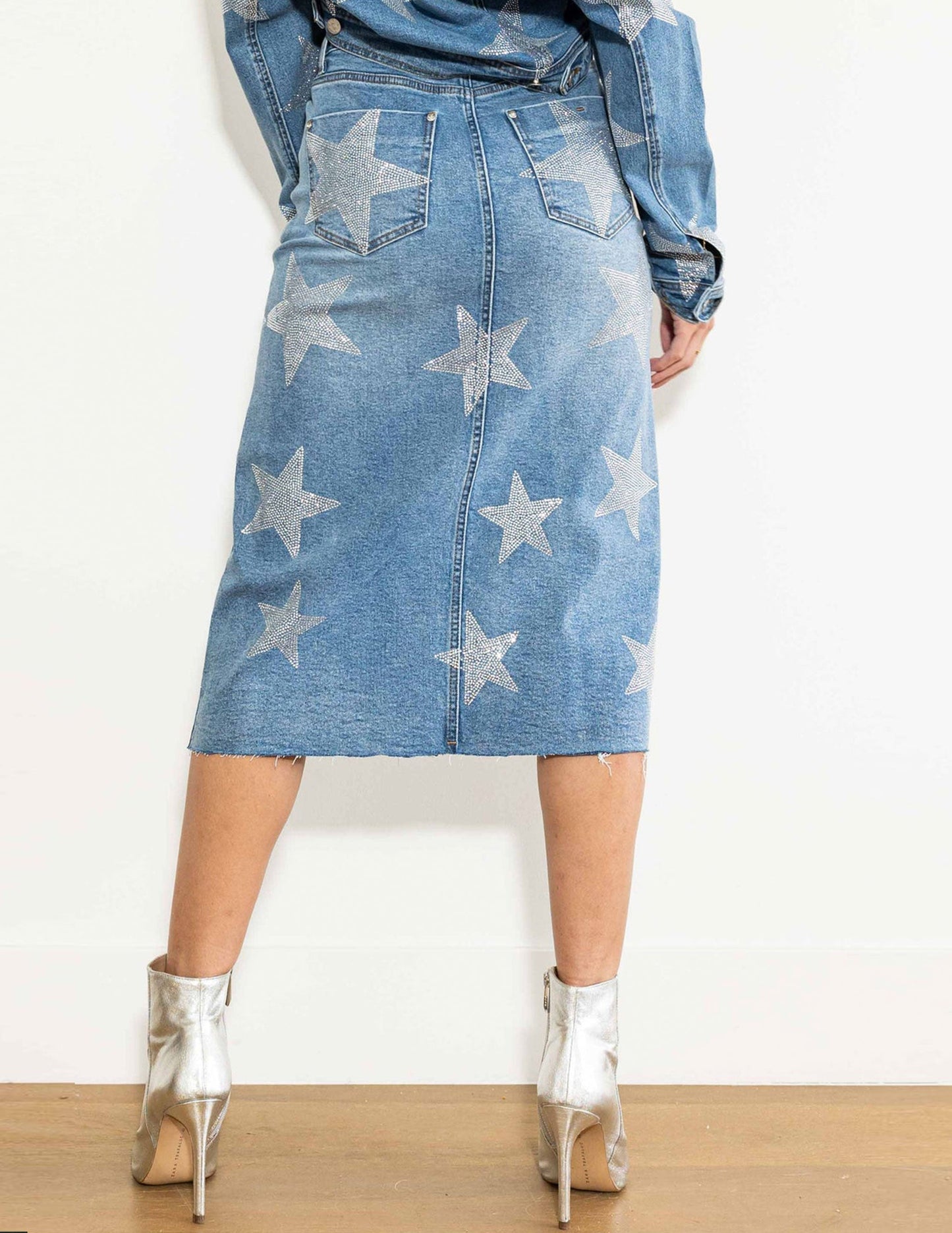 Star Rhinestone Denim Midi Skirt