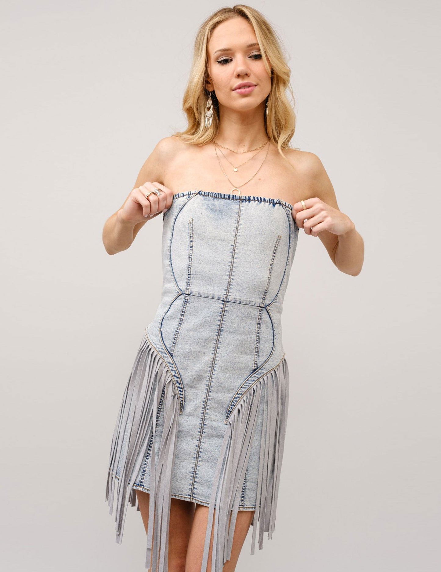 Strapless Light Wash Denim Fringe Dress