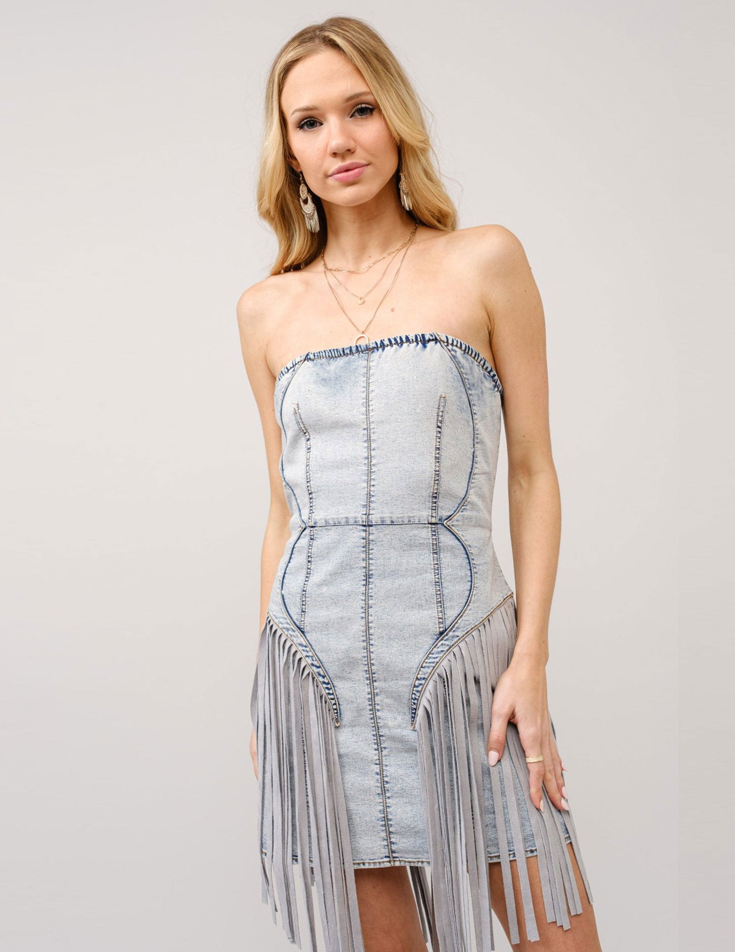 Strapless Light Wash Denim Fringe Dress