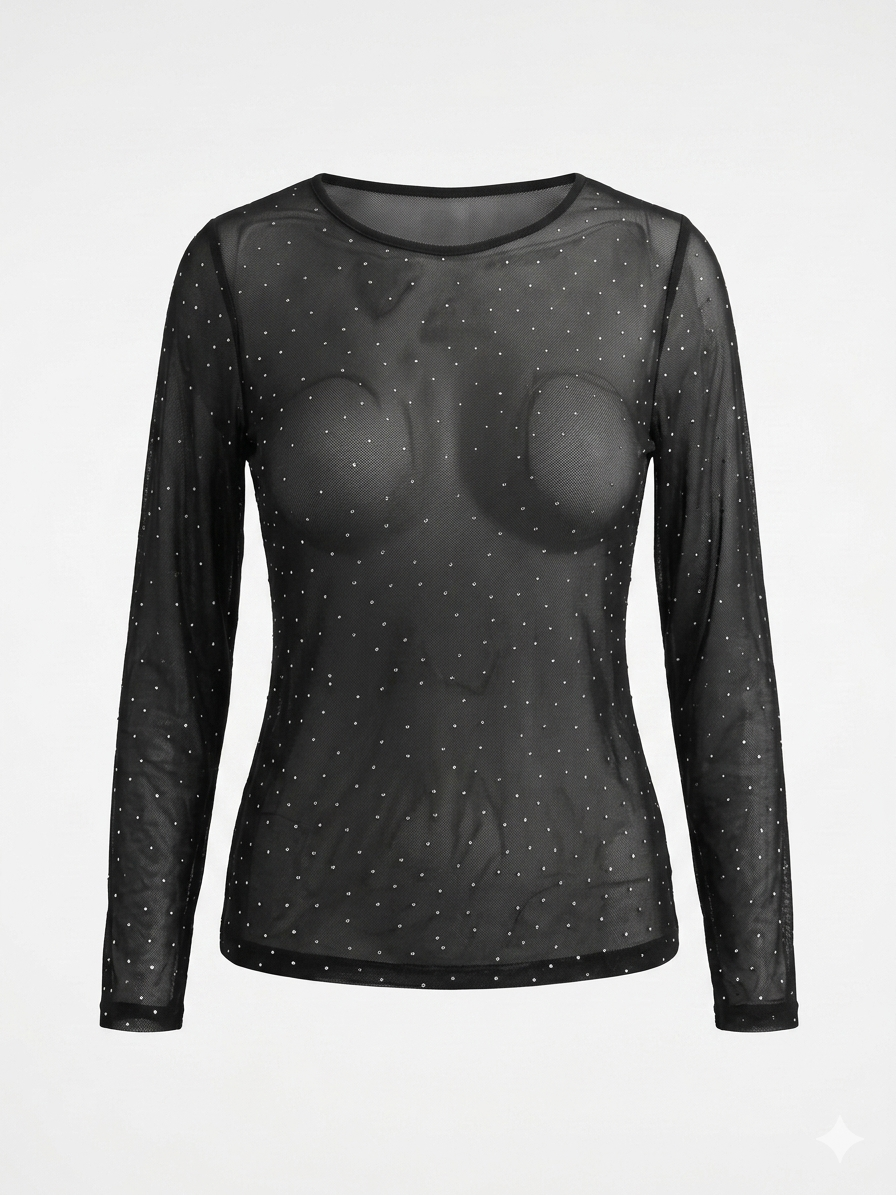 Black Rhinestone Mesh Layering Top