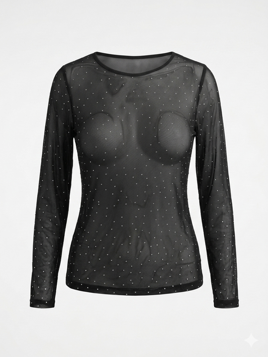 Black Rhinestone Mesh Layering Top