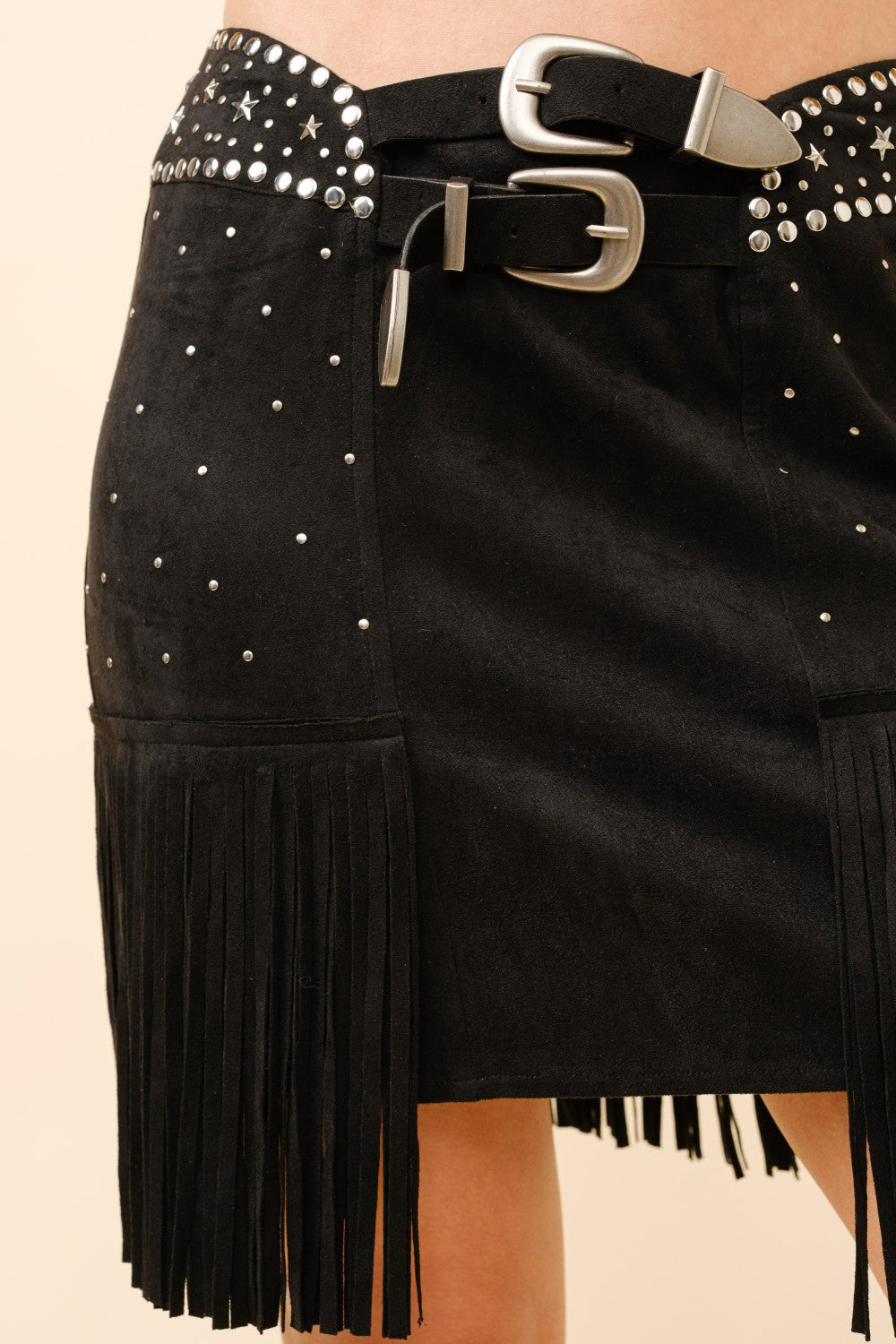 Belted Stud Fringe Skirt