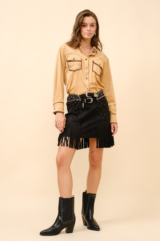 Belted Stud Fringe Skirt