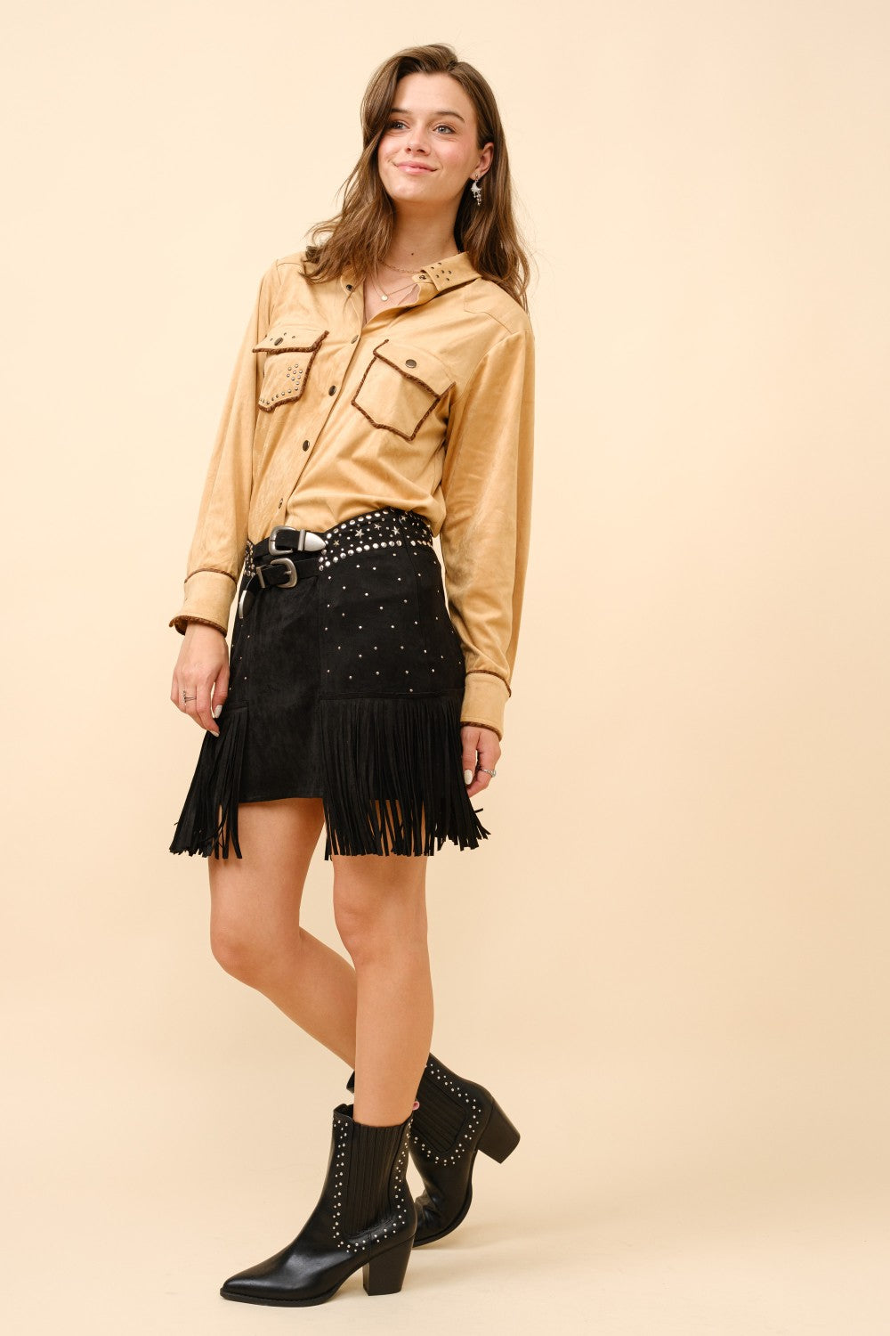 Belted Stud Fringe Skirt