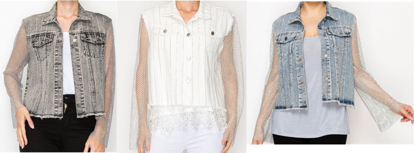Denim Jacket with Mesh Stone Sleeves