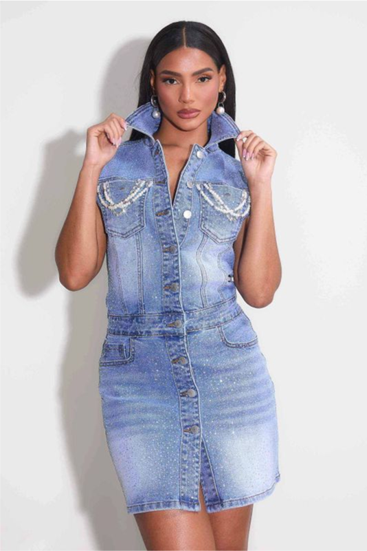 Rhinestone & Pearl Sleevless Denim Dress