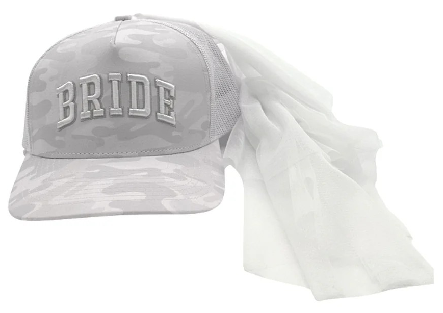 White Camo Bride Trucker Hat with Removable Veil