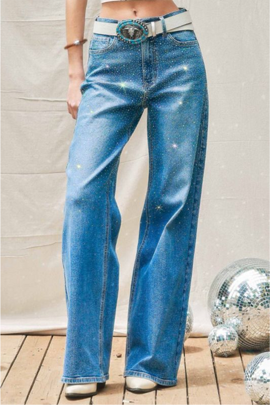 Rhinestone Wide Leg Denim Jeans