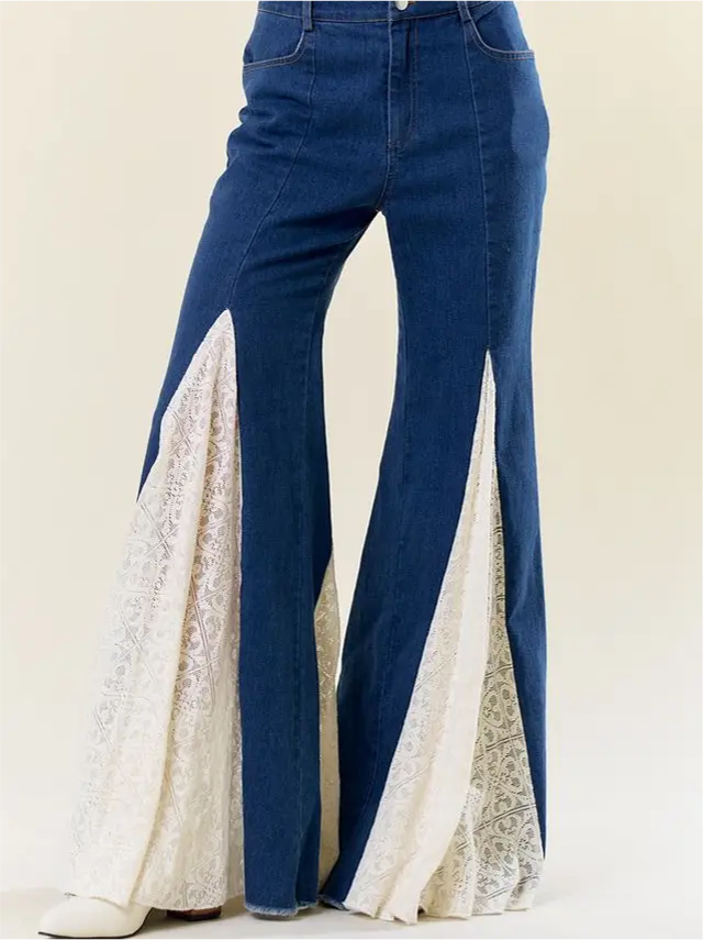 Statement Bell Bottom Jeans with Lace Insert