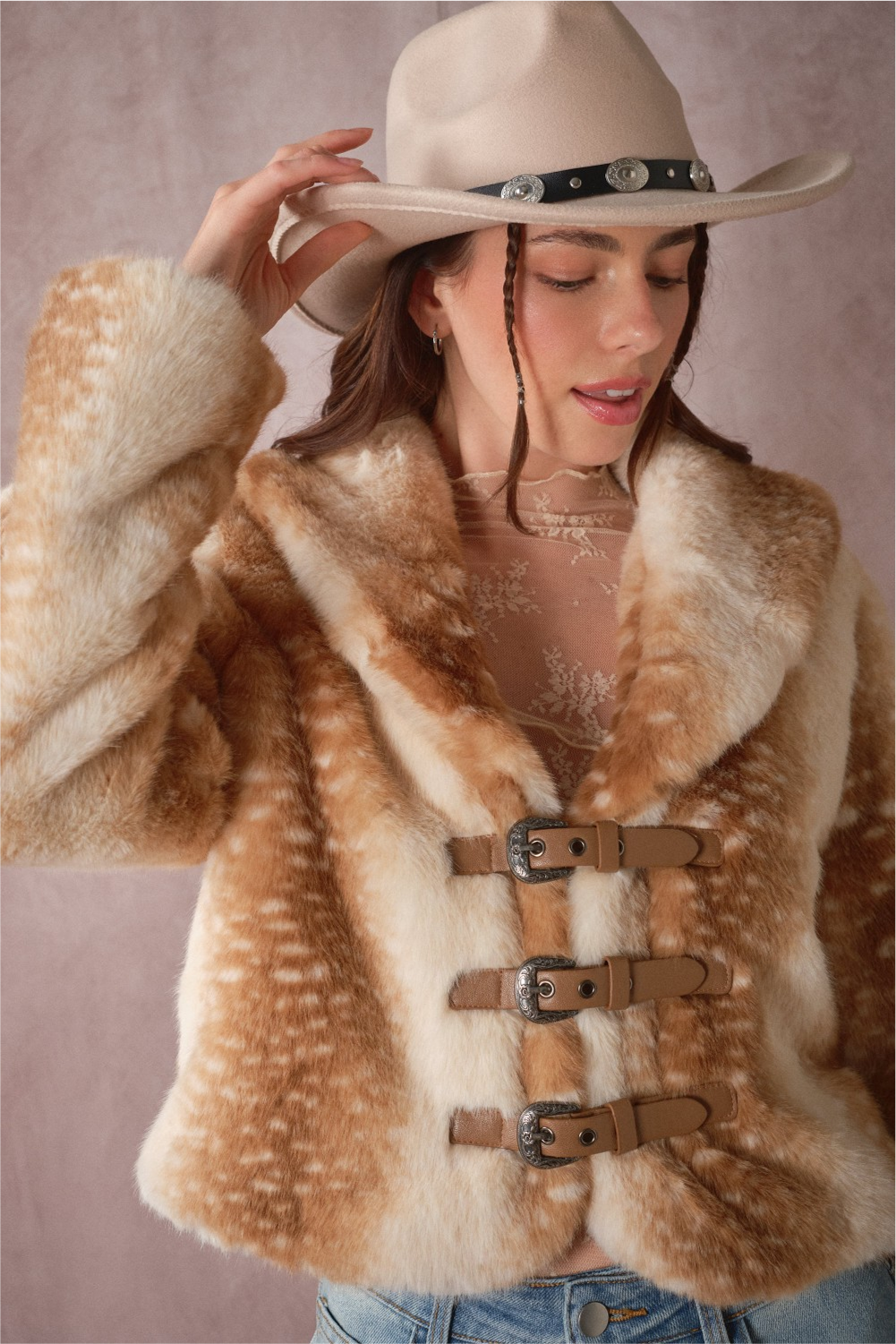 Buckled Deer Print Faux Fur Jacket