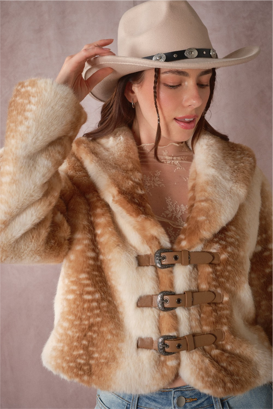 Buckled Deer Print Faux Fur Jacket