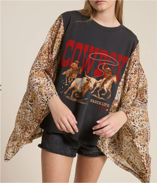 Cowboy Ranch Life Animal Print Kaftan Sleeve Top