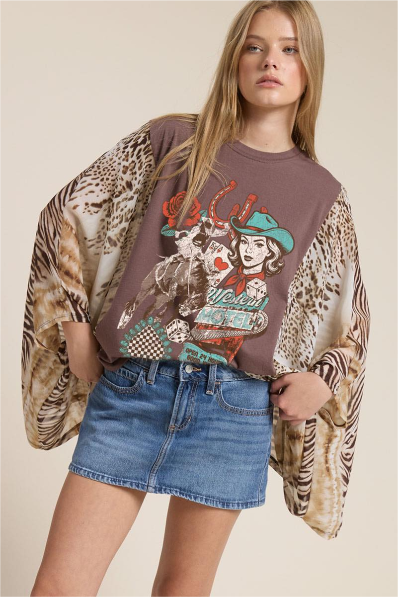 Western Vegas Motel Animal Print Kaftan Sleeve Top