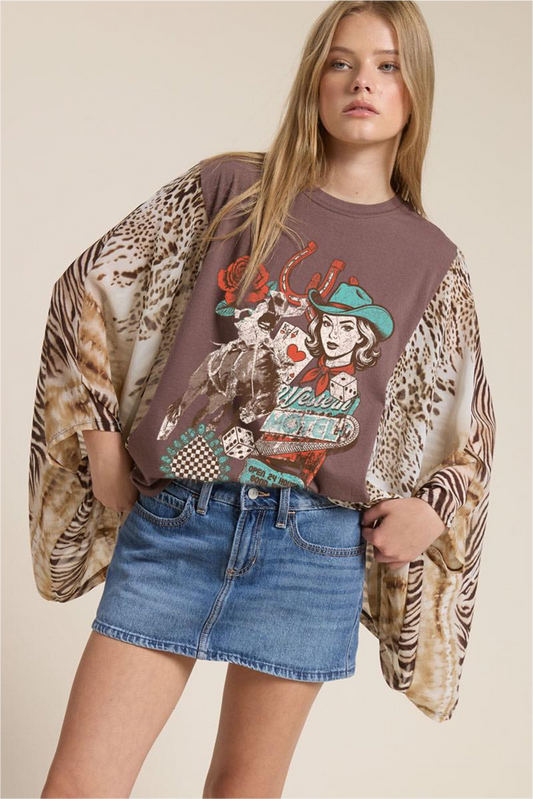 Western Vegas Motel Animal Print Kaftan Sleeve Top
