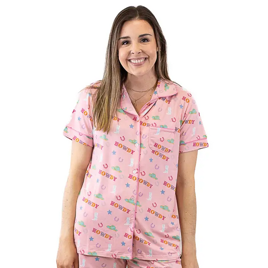 Howdy Partner Short Sleeve Button Up Pajama Shirt