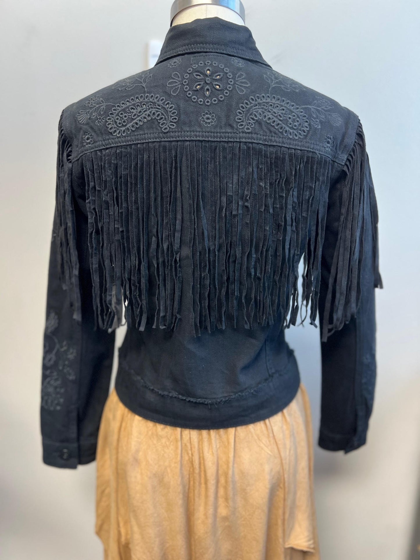 Paisley Embroidered Denim Fringe Jacket