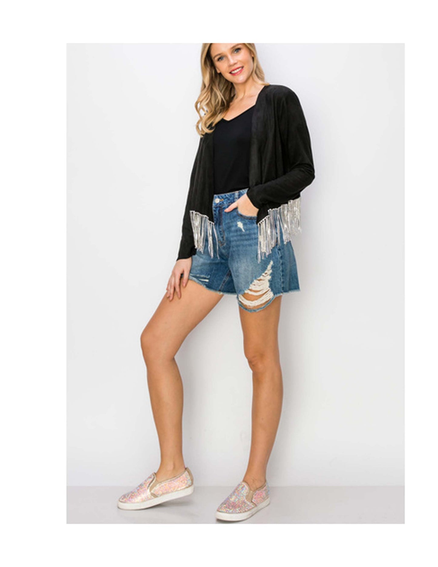 Bling Fringe Faux Suede Jacket