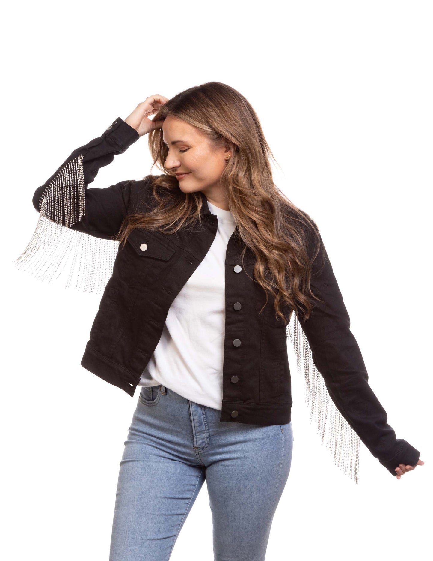 Black Denim Rhinestone Fringe Jacket