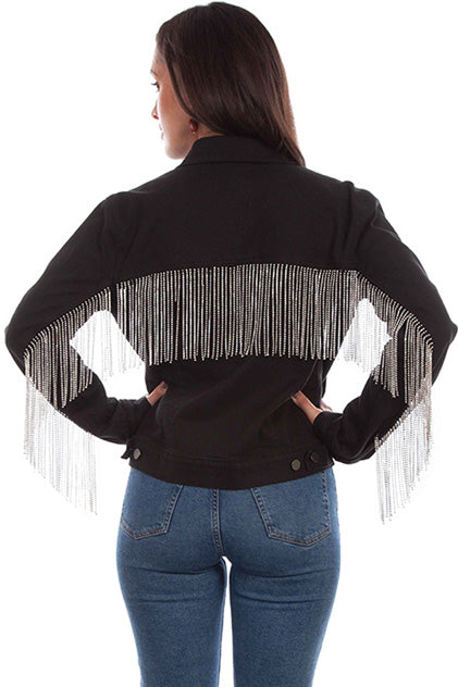 Black Denim Rhinestone Fringe Jacket
