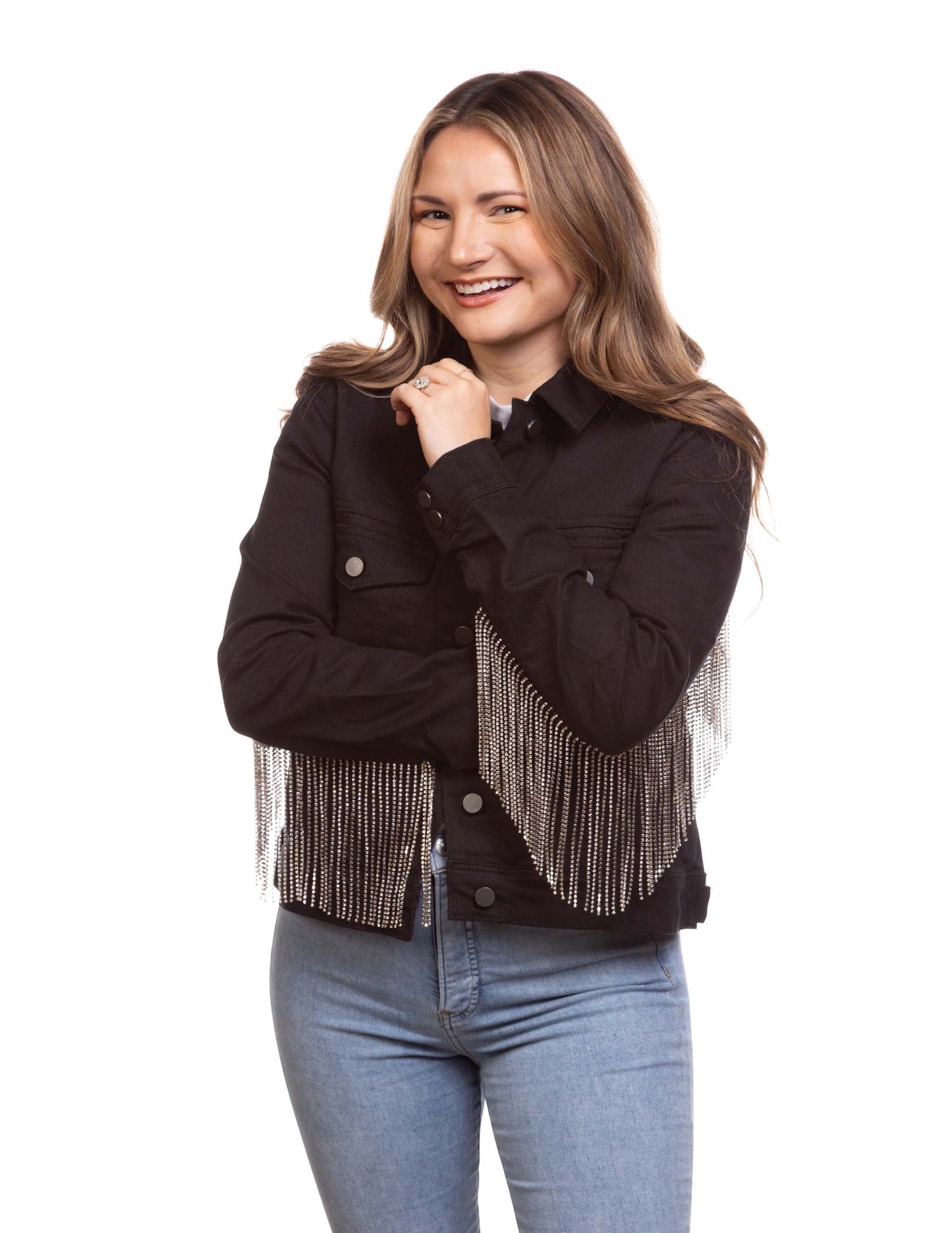 Black Denim Rhinestone Fringe Jacket