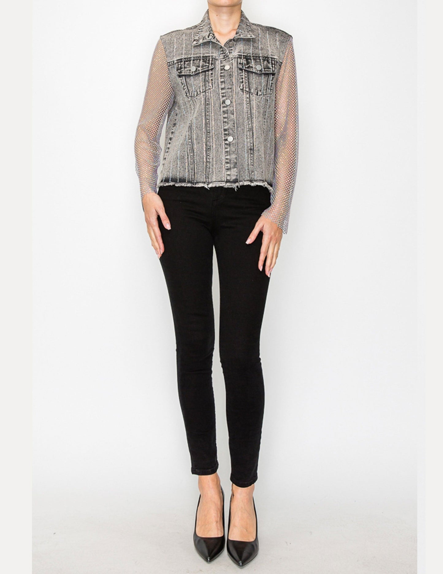 Denim Jacket with Mesh Stone Sleeves