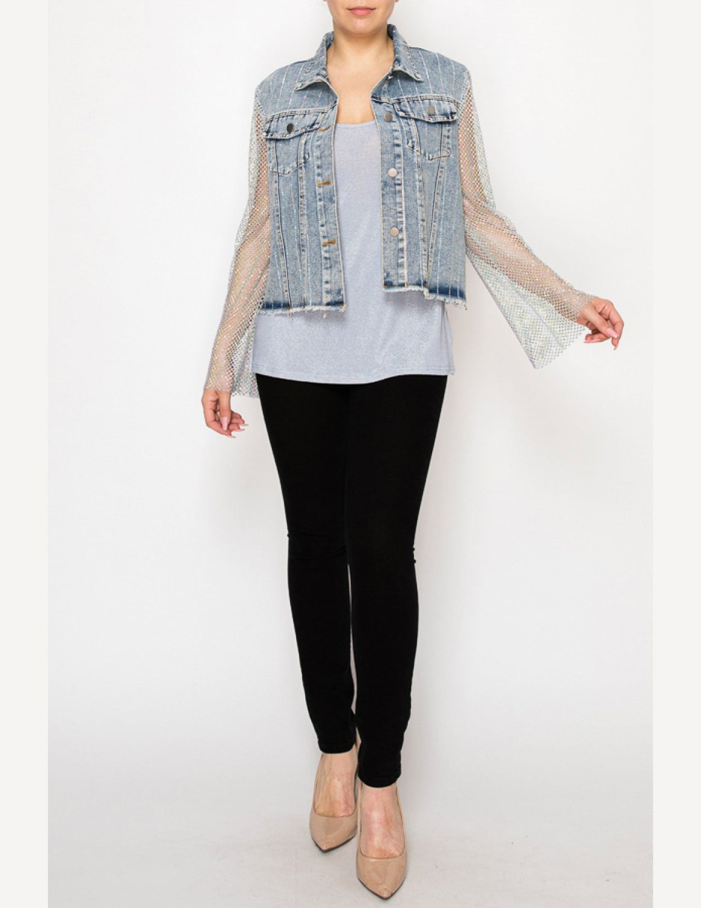 Denim Jacket with Mesh Stone Sleeves