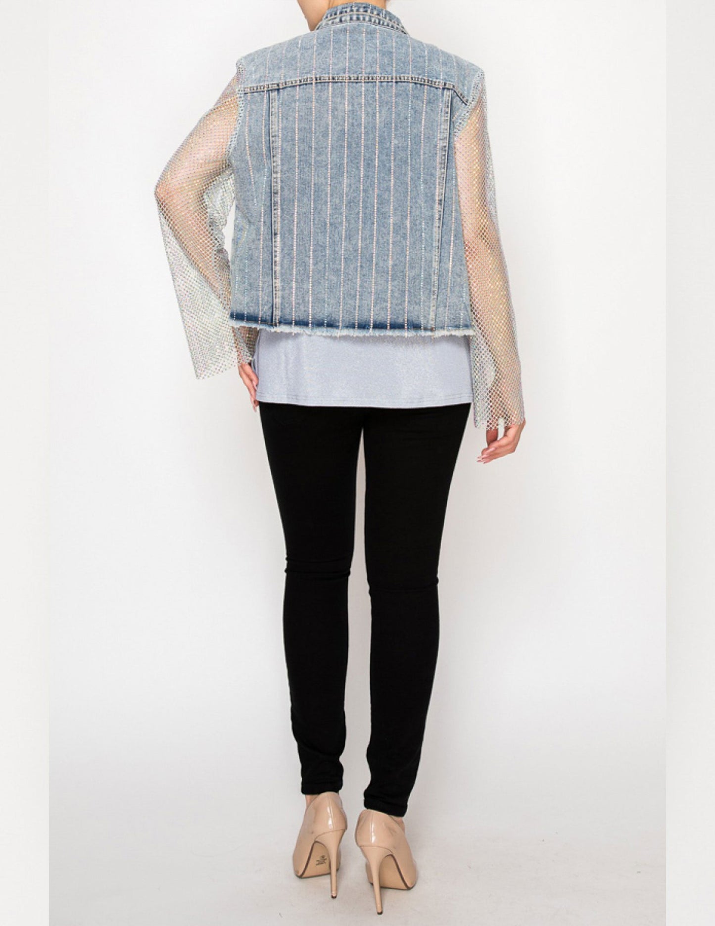 Denim Jacket with Mesh Stone Sleeves