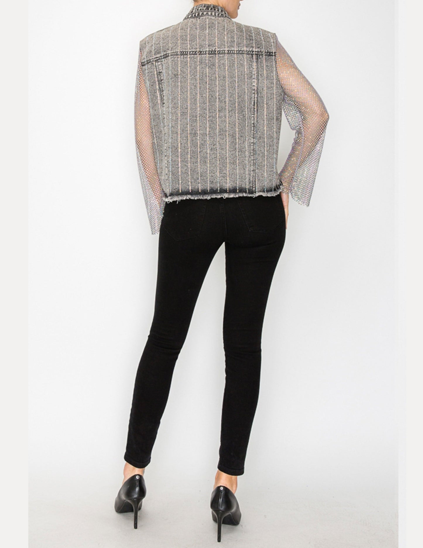 Denim Jacket with Mesh Stone Sleeves