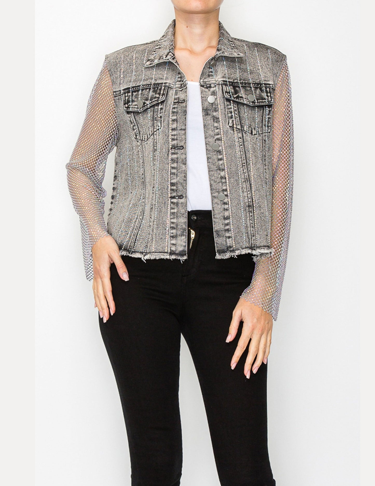 Denim Jacket with Mesh Stone Sleeves