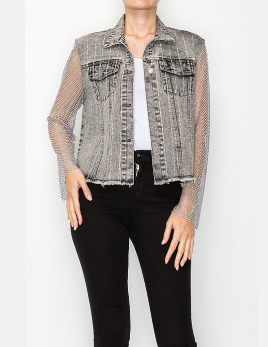 Denim Jacket with Mesh Stone Sleeves