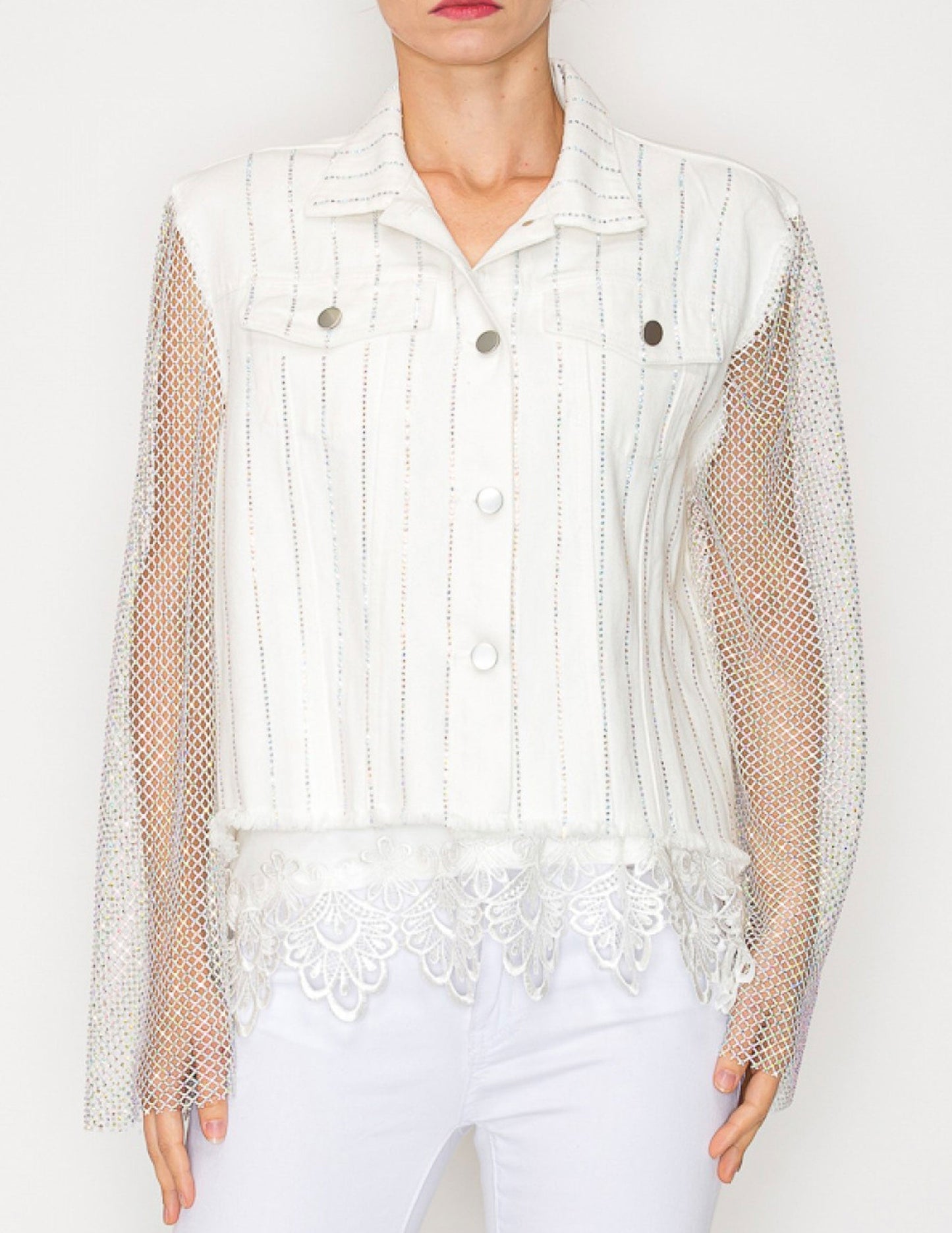 Denim Jacket with Mesh Stone Sleeves