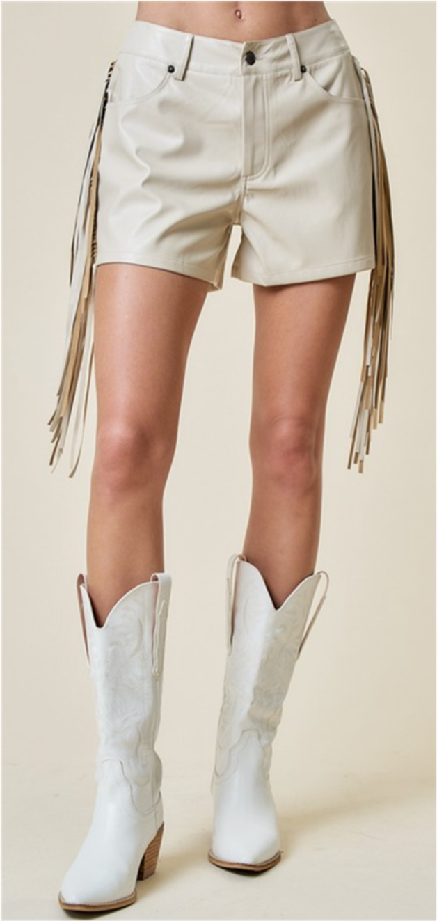 Western Side Fringe Beige Shorts