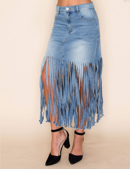 Fringe Midi Skirt Medium Wash Denim