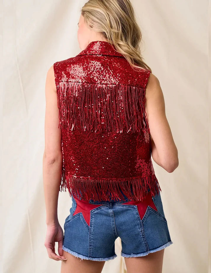 Red Sequins Fringe Vest