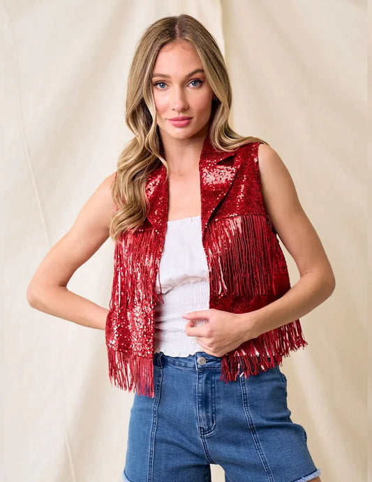 Red Sequins Fringe Vest