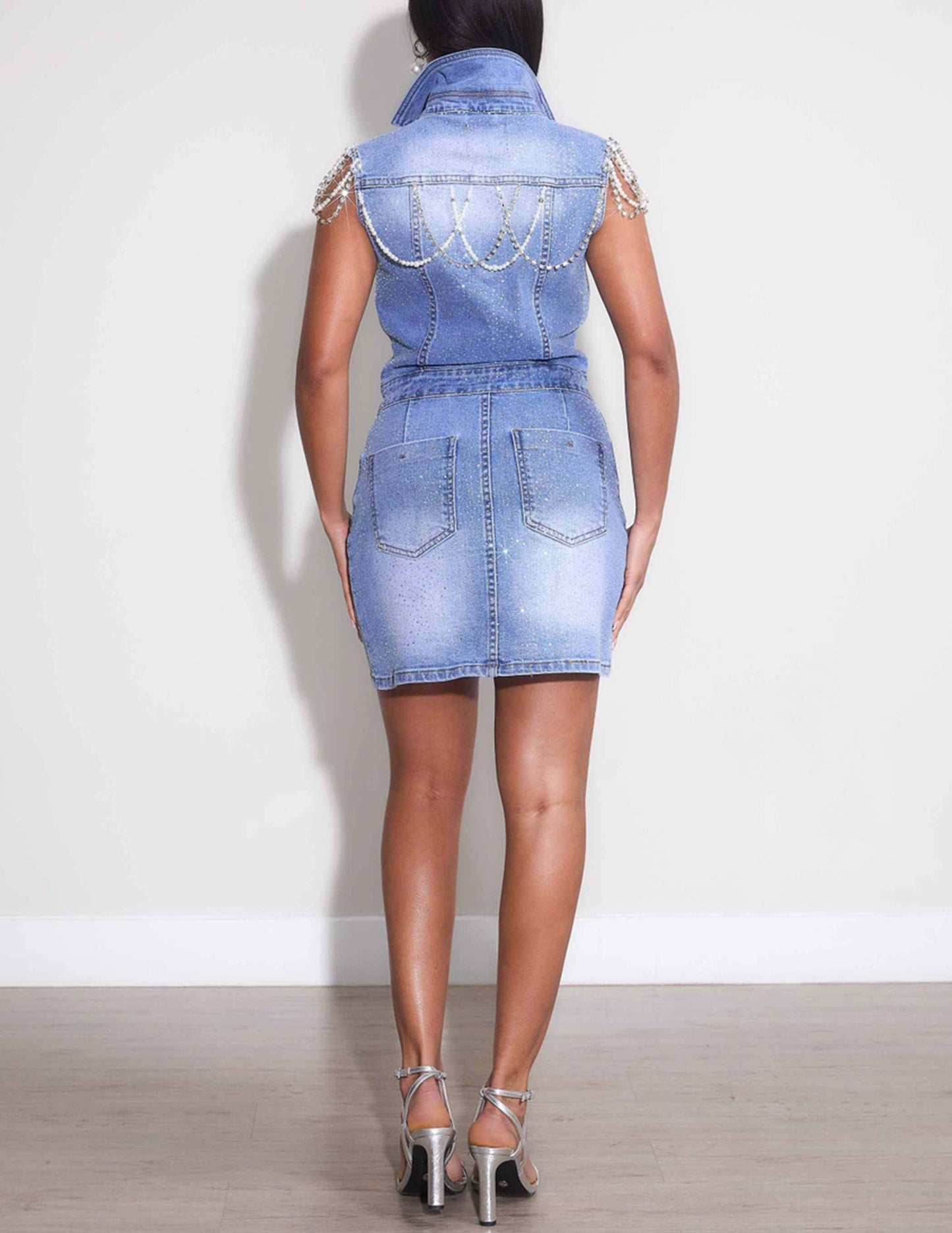 Rhinestone & Pearl Sleevless Denim Dress