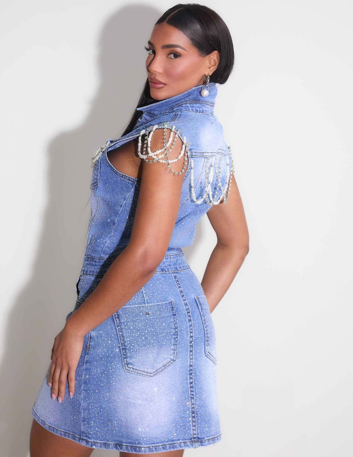 Rhinestone & Pearl Sleevless Denim Dress