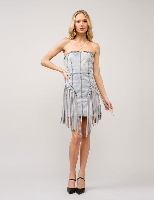 Strapless Light Wash Denim Fringe Dress